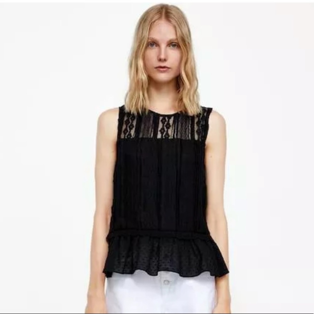 ZARA Swiss Dot Black Lace Peplum Sleeveless Blouse